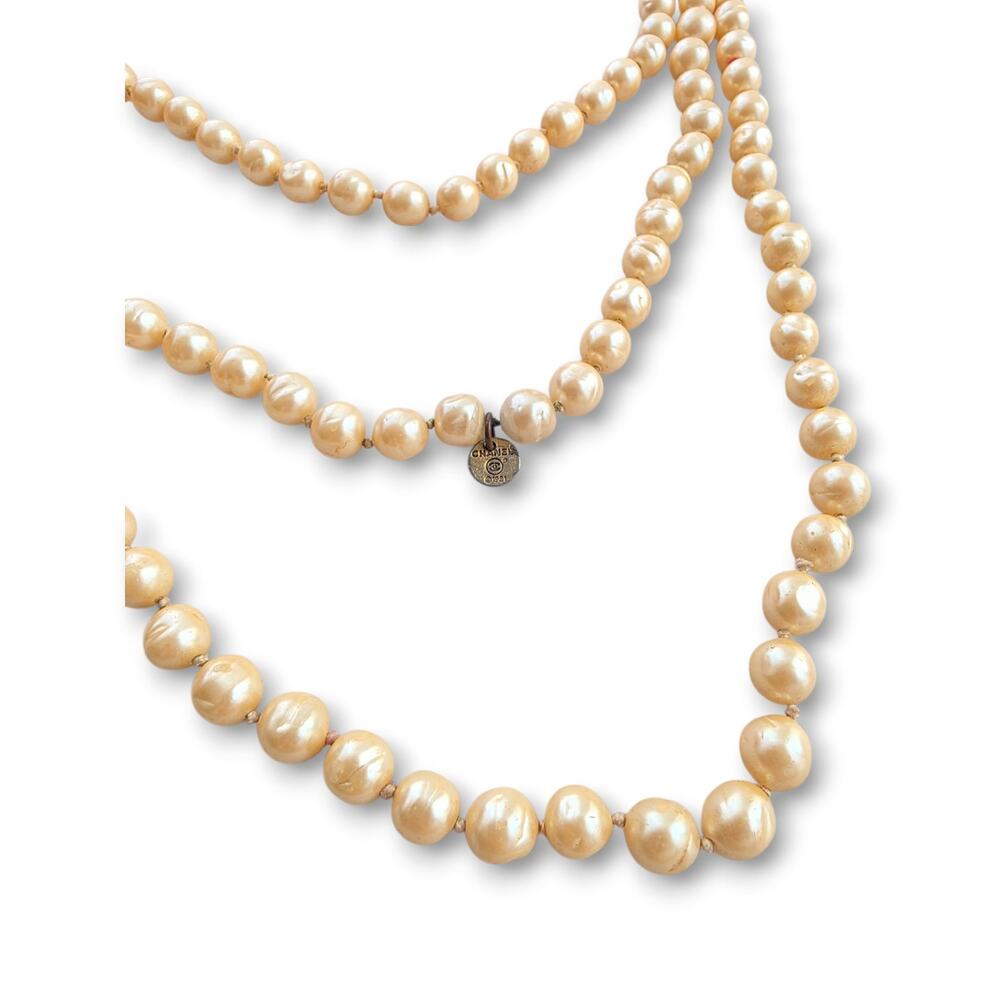 Chanel Gold-Plated Vintage 1981 Faux Baroque Pearl Necklace 64"‎ Long
